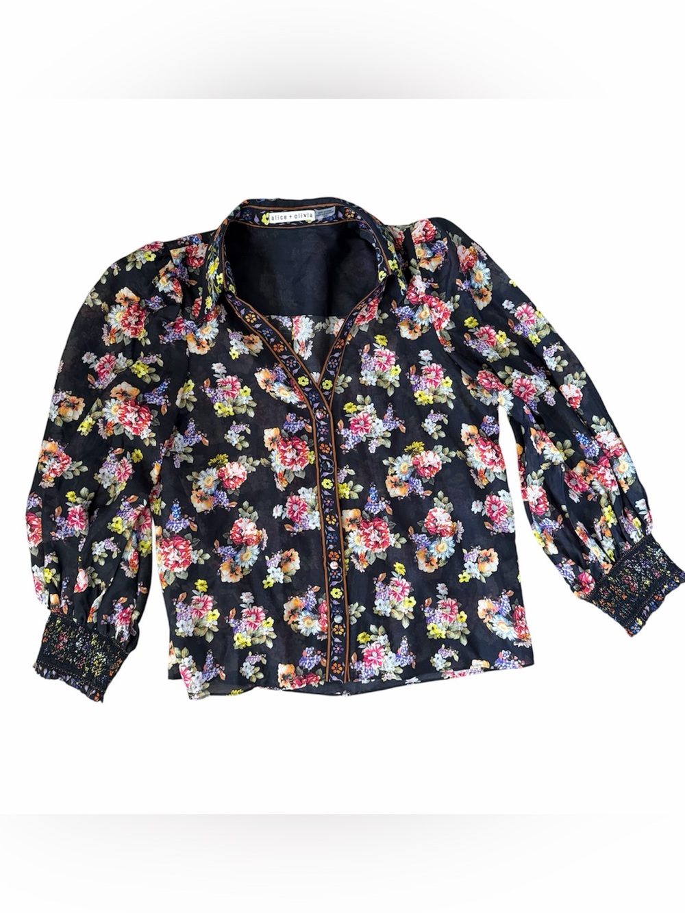 Alice + Olivia Floral Silk Blend Puff Sleeve Blouse Medium